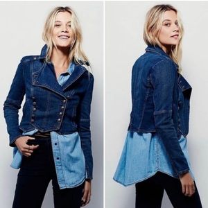 FREE PEOPLE Military Band Double-breasted Denim Jacket M